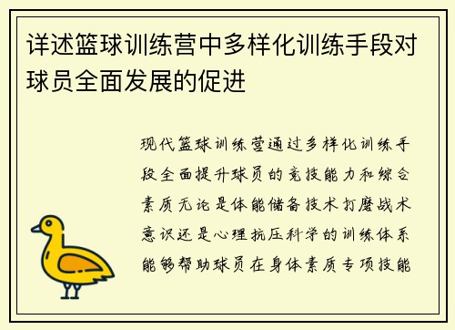 详述篮球训练营中多样化训练手段对球员全面发展的促进